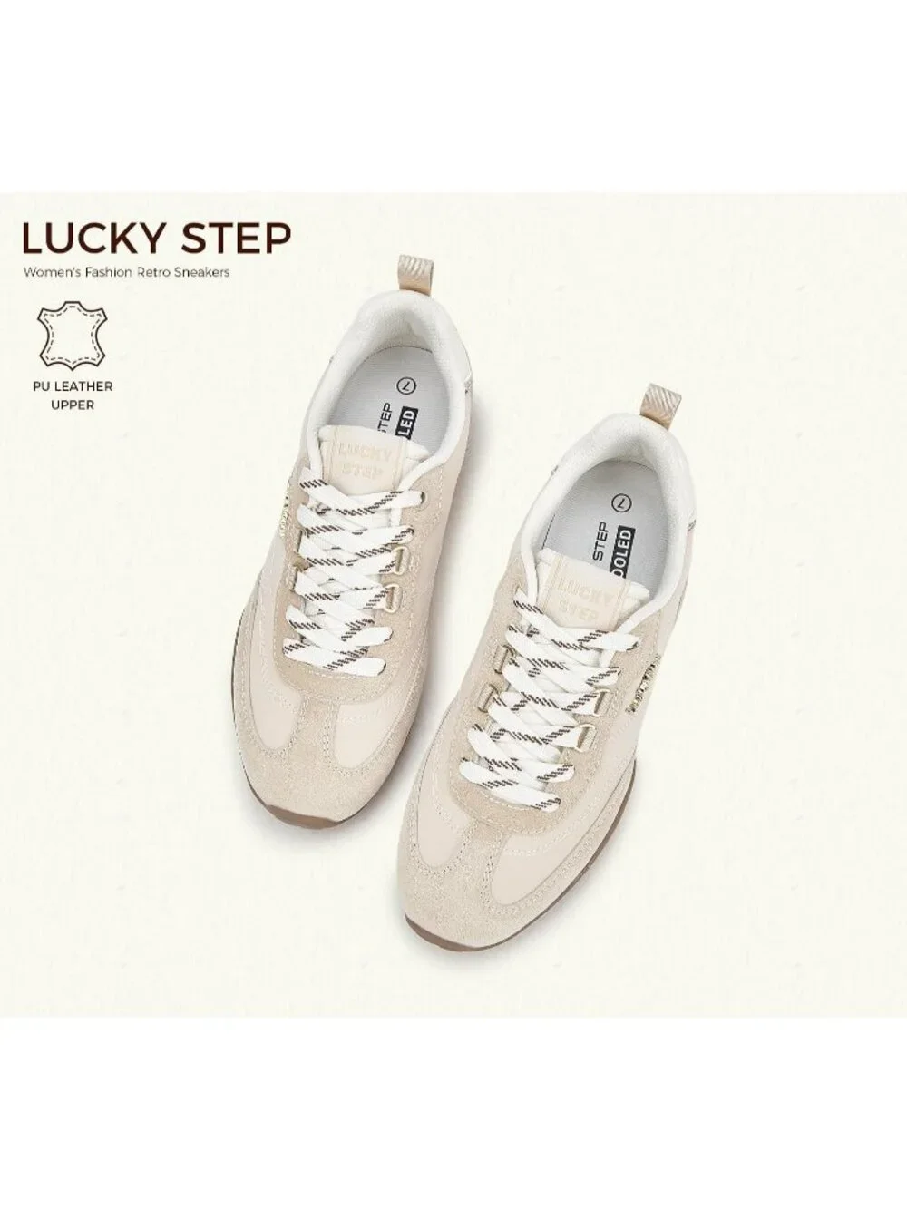 Women's Beige Faux Leather Retro Fashion Comfortable Lace Up Skate Sneakers